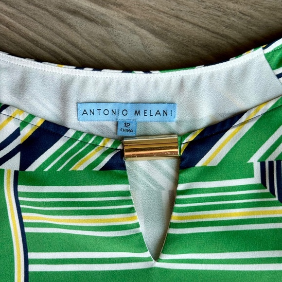 Antonio Melani Jenna Dress Spring Green Navy Geometric Stripe Cinched Size 12 - Picture 4 of 13